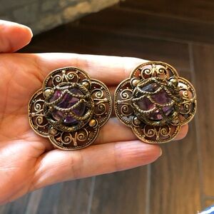 Vintage Gold Tone Basket Amethyst Clip On Earrings, Big, Oversized